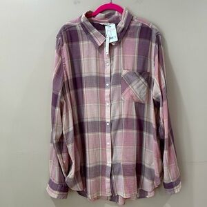 Lucky Brand Women XL Shirt Top Button Plaid Pink Purple Retro Classic Barn New